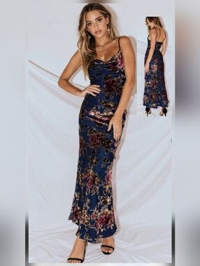 Princess Polly Navy Floral Velvet Cowlneck Floral Maxi Dress Whimsigoth Prom 10